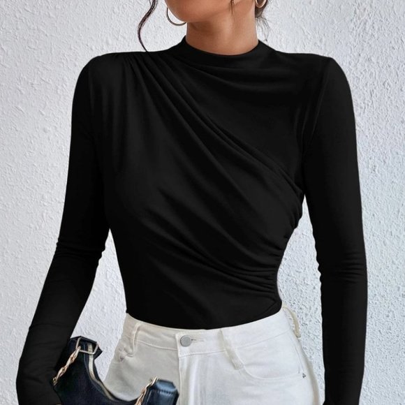 . Tops - Minimalist Ruched Solid Bodysuit black